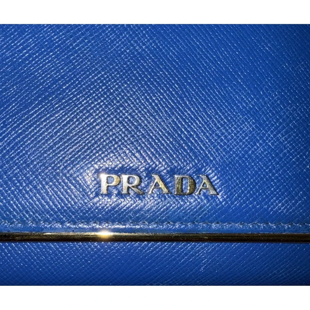 PRADA Saffiano‎ Long Wallet Bifold Blue Gold Hardware Leather Womens Authentic